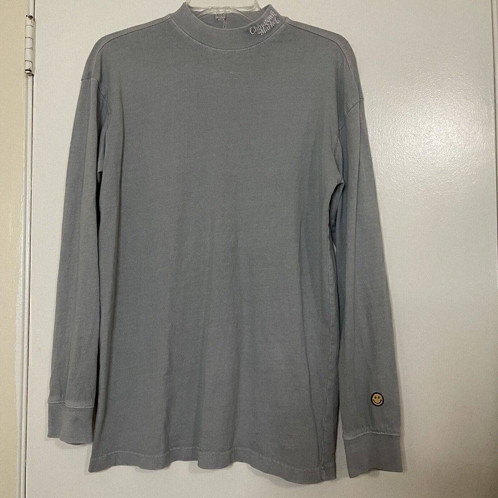 CHINATOWN MARKET gray long sleeve crew neck pullover smiley shirt size Small